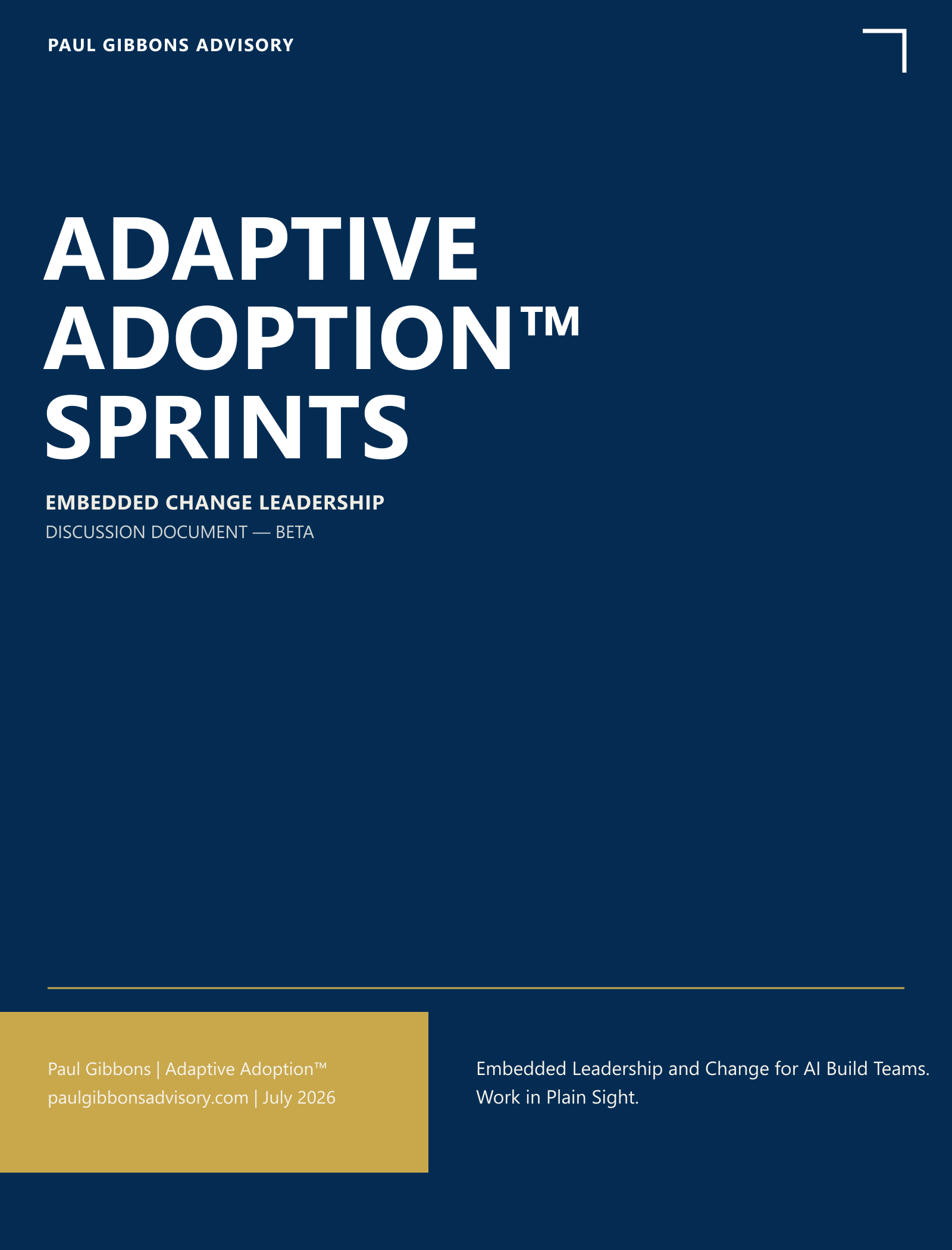 Adaptive Adoption Sprints whitepaper cover — navy with gold, Embedded Change Leadership for AI Build Teams