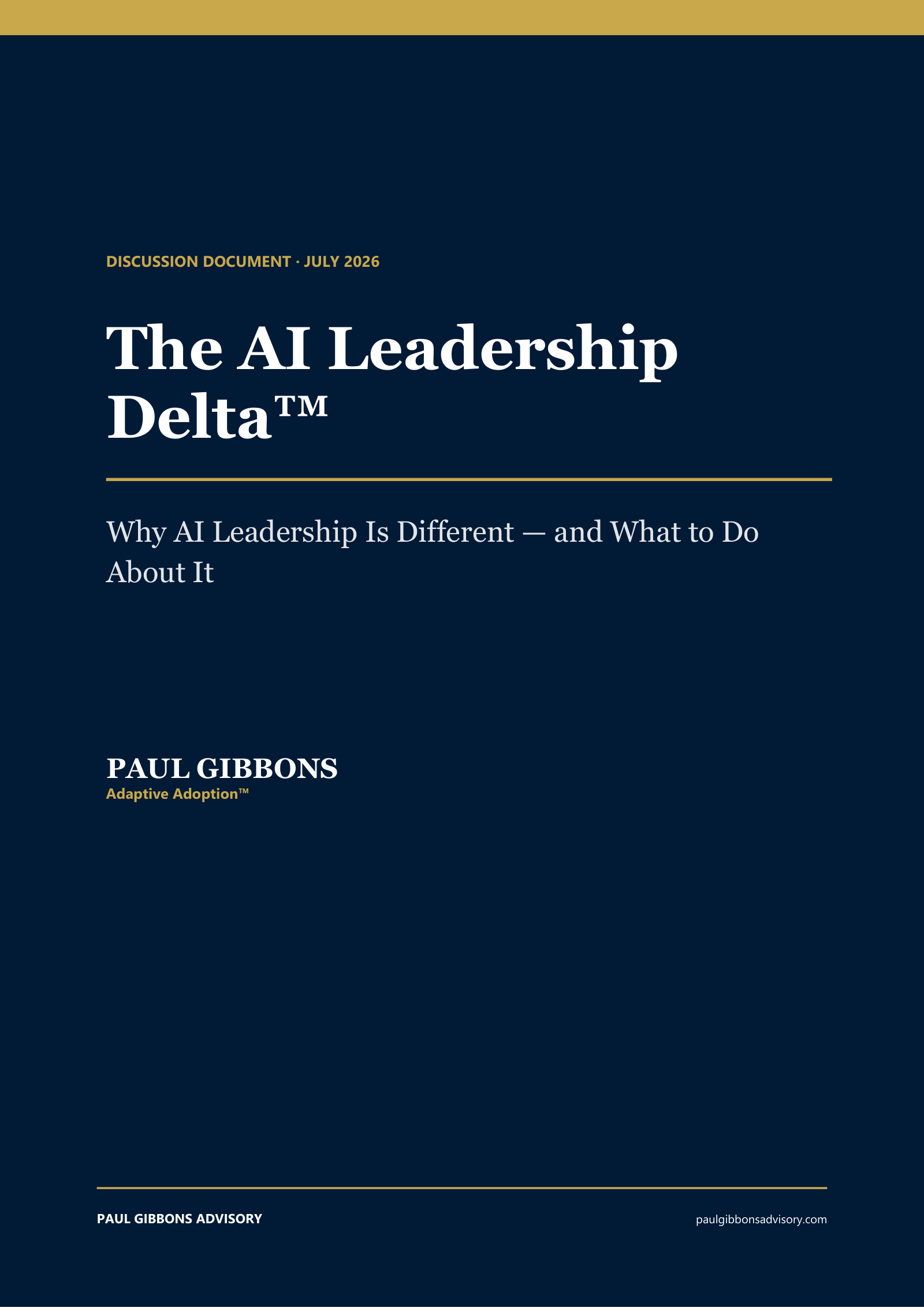 The AI Leadership Delta — discussion document cover, navy with gold rule
